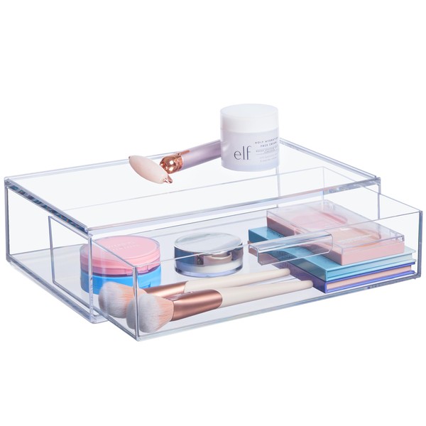 STORi Audrey Stackable Clear Bin Plastic Organizer Drawer | Organize Eyeshadow Palettes, Cosmetics, and Beauty Supplies on a Vanity | Made in USA