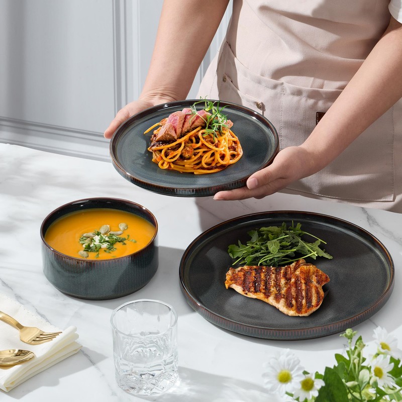 E-far Stoneware Dinnerware Sets, 18-Pieces Modern Plates and Bowls Sets,
