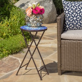 Merax Folding Outdoor Accent Table with Glass Top and Iron Frame 13"x22" Round Coffee Table Patio Side Table Decor, Elegant Mosaic Flower Pattern, Blue