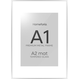 Homeforia A1 Poster Frame Silver, High End Metal A1 Size Picture Frame with Mat A2, Thin 23.4 x 33.1 Aluminum Frames Matted to 16.5 x 23.4 inch Photo, Tempered Glass, Wall Hook Included, Set of 1