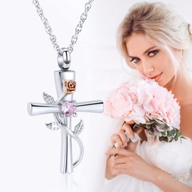 shajwo Cross Urn Necklace for Ashes Birthstone Rose Flower Cremation Jewelry for Women Gilrs Keepsake Memorial Ashes Pendant,Pink