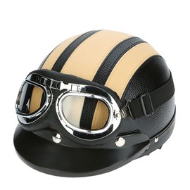 Shkalacar Motorcycle Leather Open Face Helmet, Motorcycle Scooter Face Half Leather Helmet with Visor, UV Protective Goggles Retro Vintage Style (54-60 cm)