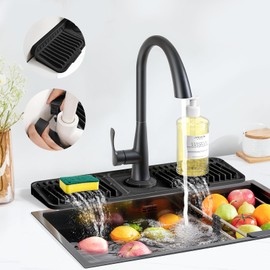 PoYang 17.7 inch Faucet Mat for Kitchen Sink Splash Guard, 7° Slope Silicone Sink Water Splash Guard for Kitchen Sink Area with Snap Button, Long Sink Protectors for kitchen Sink Sponge Holder, Black