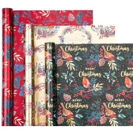 WRAPAHOLIC Christmas Wrapping Paper Roll - Mini Roll - 3 Rolls - 17 Inch x 120 Inch Per Roll - Bird, Christmas Garland, Holly and Pinecones Holiday Design with Metallic Foil Shine