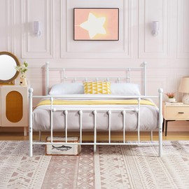 VECELO Full Size Metal Platform Bed Frame with Headboard and Footboard, Heavy Duty Slat Support/No Box Spring Needed Mattress Foundation/Underbed Storage Space, Victorian Style