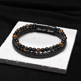 The Guardian - Son's Tiger Eye Protection Bracelet From Mom, Black Braided Leather natural stone Inspirational Bracelets Engraved Love You Forever Birthday Gift Jewelry (The Guardian-Tiger Eye)