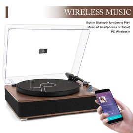 LP&No.1 Record Player with Stereo Speakers, 3-Speed Belt-Drive Turntable for Vinyl Records with Bluetooth Playback and Auto-Stop, Vinyl Record Player with USB Recording,Pitch Control,Walnut Wood