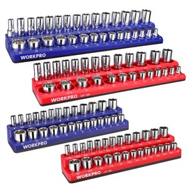 WORKPRO Magnetic Socket Organizer Set, 4-Piece Socket Holder Set Includes 1/4", 3/8" Drive Metric & SAE Socket Trays, Holds 108 Pieces Standard and Deep Size Sockets (Sockets not Included)