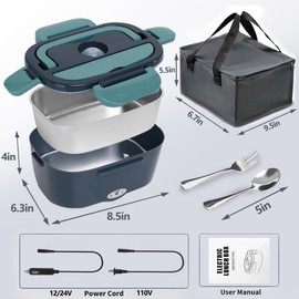 XSWPL Electric Lunch Box Heated Lunch Box 80W Electric Lunch Box for Adults 12/24/110V Portable Food Warmer with 2 304 Stainless Portable Lunch Box Warmer for Office/Car/Truck (Green, 2Pcs-1.5L)