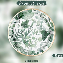 WRAPAHOLIC 25Pcs Eucalyptus Paper Plates - 7 Inch Green Leaves Disposable Plates Decorative Dinner Plates for Party Tableware Supplies Table Decor