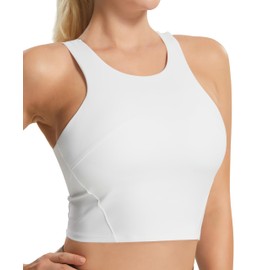 Women Sports Bra- High Crew Neck Workout Tops Running Gym Casual Tank top with Built-in Bra White