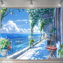 U-SITU GTWH1421B Tapestry Wall Hanging Wall Decor Veranda Blue Sea Landscape Stylish Background Multifunctional Cloth Poster Interior Atmosphere Change (Size: Length 39.4 x Width 59.1 inches (100 cm)