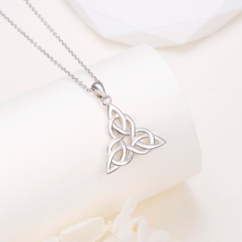 HOOHWE 925 Sterling Silver Celtic Knot Necklace Triangle Shape Vintage Good Luck Irish Pendant Necklace Jewelry for Women