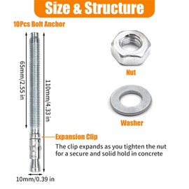 10Pcs M10x110mm Zinc Plated Wedge Male Anchors, High Loads Metal Dowels with Nuts and Washers, Industrial Through Expansion Bolts Anchor, Cavity Wall Ground Fixings for Masonry, Concrete, Cable Tray