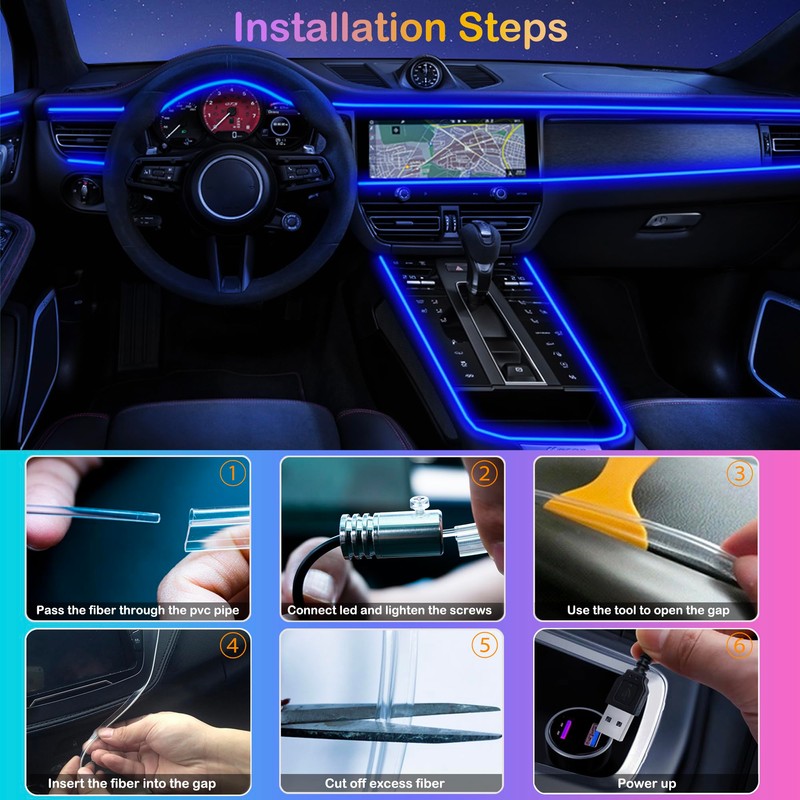Interior Car LED Strip Lights, RGB 6 in 1 Ambient