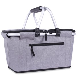 Picnic Basket, SIYUAN Collapsible Shopping Basket Insulated with 2 Handles 27L Large Cooler with Lid Portable Folding Grocery Market Tote Bag, Grey