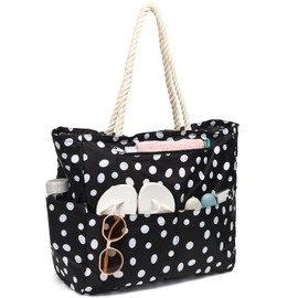 Fammart Large Beach Bag for Women, Waterproof Travel Tote Bag with Lunch/Wet Pocket for Weekender, Sandproof, Zipper Closure, Oxford, Large - Polka Dots, Large