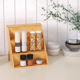 VERTORGAN 3 Tier Bamboo Spice Rack,Cabinet Organizer for Countertop and Drawer,Foldable Standing Display Shelf for Kitchen(Spice Jars Not Included)