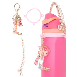 TOVICE Letter Charm Accessories for Owala Water Bottle 24-40oz, 3PC Cute Initial Charms & Water Bottle Handle Strap with a Thick Elastic Silicone Ring Holder (Pink, L)