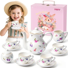 TUZT Tea Party Set for Little Girls Ages 3-8, White Floral Porcelain Tea Set with Gold Trim Edges, Princess Tea Time Toy Includes Pot & Cups & Saucers & Suitcase, Birthday Gifts for Toddlers Girls
