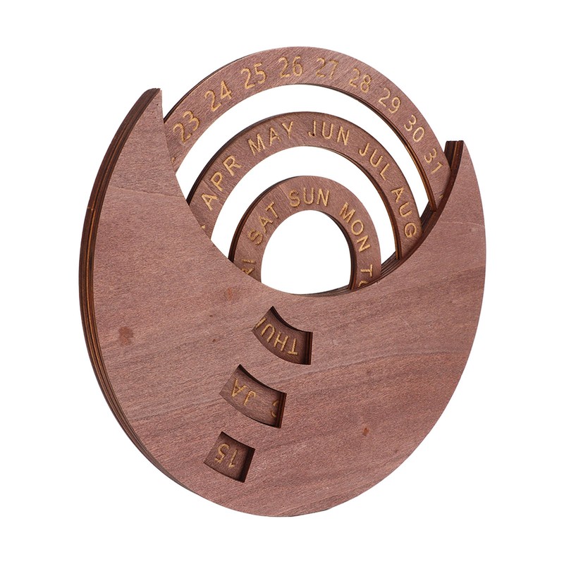 Wooden Disc Calendar Dark Brown Rotatable Disc Natural Wood Vintage