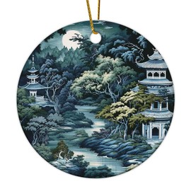 Christmas Ornaments 2024 Chinoiserie Asian Pagodas White Blue Porcelain Keepsake Gift Flower Asian Inspired Souvenir Collectible Gift for Christmas Tree Decorations Ceramic Circle 3" White