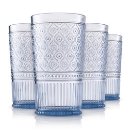 Godinger Highball Drinking Glasses, Acrylic Drinking Glasses Set, Elegant Tall Plastic Cups, Vintage Romantic Decor - Set of 4, Blue