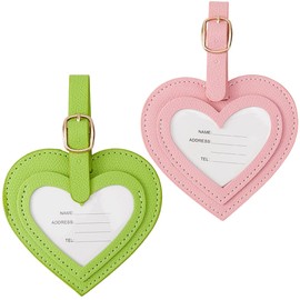 GORGECRAFT 2 Colors PU Leather Travel ID Labels for Trip Heart Shaped Leather Luggage Tags Green Pink Suitcase Travel Bag Name Tags with Adjustable Buckle Strap for Women Baggage Bag Trip Supplies