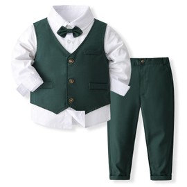 Volunboy Baby Suit Boys Suit Vest Shirt with Bow Tie for Festive Wedding Clothing Set 4-Piece, Deep Green