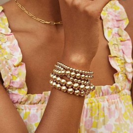 Cryshimmer 5 Pcs Gold Bead Bracelet Set for Women Gold Plated Bead Ball Stretch Elastic Bracelet