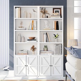 oneinmil 6 Tier Bookshelves and Bookcase with Doors Industrial Set of 2 Double Wide Floor Standing Book Shelf 71" Tall Display Shelves Bookshelf with Storage Cabinets for Living Room White