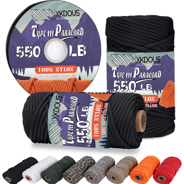 XKDOUS 550 Paracord 120ft Black Parachute Cord, 100% Nylon 7 Strand Inner Core Type III Tactical Paracord Rope, Outside Survival Gear for Bracelets, Lanyards, Handle Wraps, Camping & Hiking