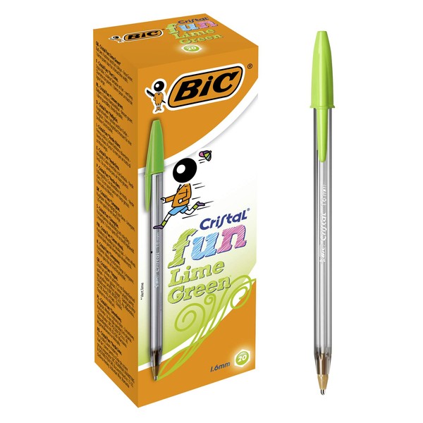 BIC Cristal Fun Ballpoint Pens Wide Point (1.6 mm) – Lime Green, Box of 20
