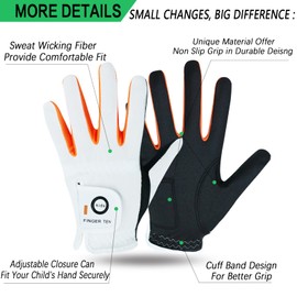 Golf Gloves Kids Youth Junior Toddler Boys Girls 1 Pack Left Hand, Breathable Microfiber Synthetic Right Handed Golfer Glove for Age 4-13 Years Old (White, M)
