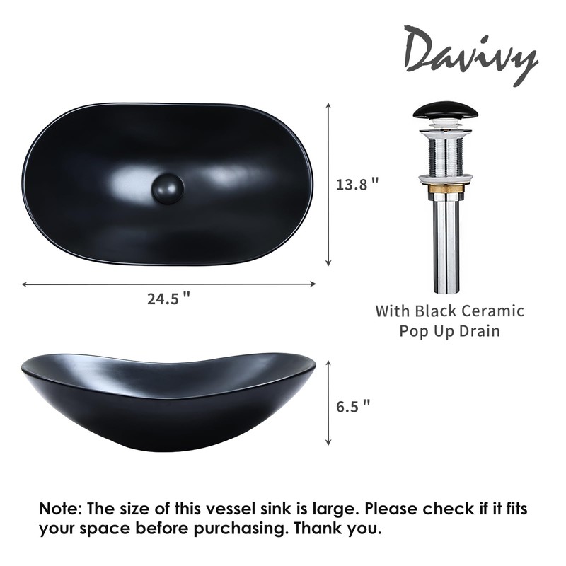 Davivy 24.5'' X 13.8'' Large Matte Black Oval Vessel Sink