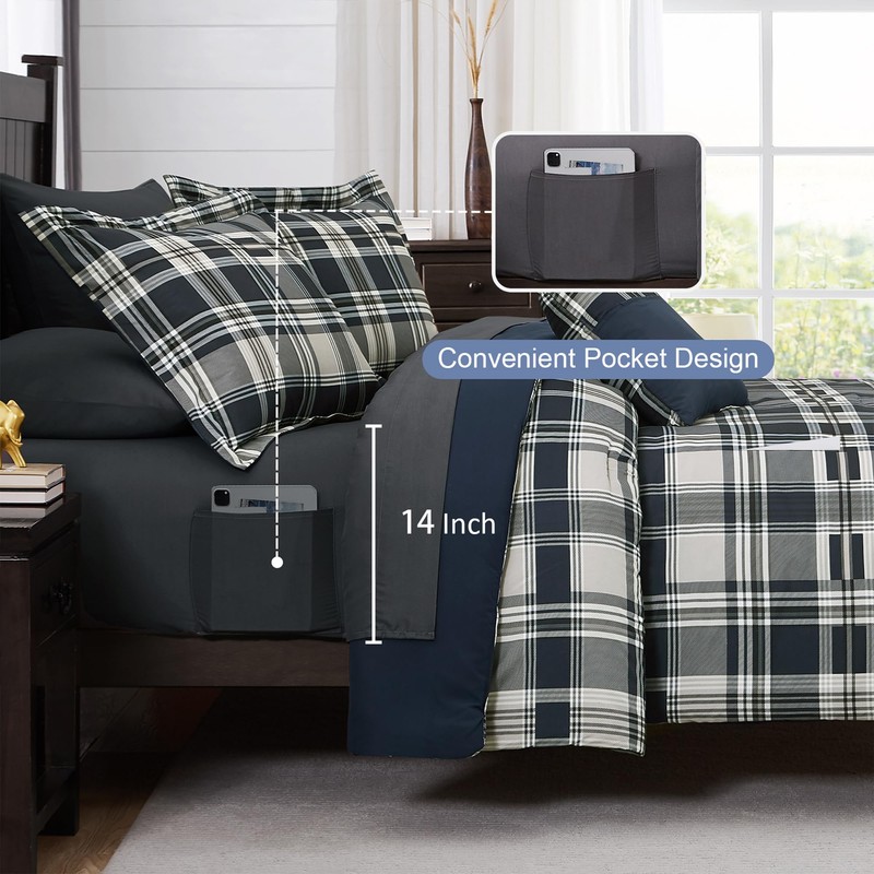 MaiRêve Full Size Comforter Set Navy Blue, Plaid Design Comforter