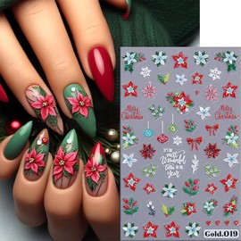 TBRZTR Winter Christmas Nail Art Stickers 3D Self-adhesive Blue Gradient Snowflake Nail Art Decal Flower Green Leaves Design Nail Decoration Floral Nail Art Supplies for Women Acrylic Nails (6 Sheets)