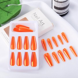 24PCS Chrome Press on Nails Long Ballerina Glue on Nails ROFIBUT Women Manicure Nail Decoration Laser Metallic Fake Nails Luxury Solid