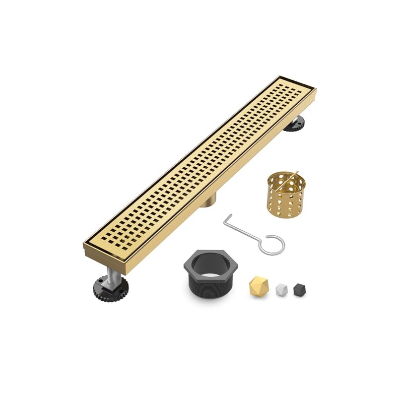 28 Inch Brushed Gold Linear Shower Drain with Adjustable Feet