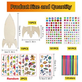 231Pcs Raketen Holz Bastelset, Raketen Spielzeug fürr Kinder, Kindergeburtstag Basteln, mit 15 Raketen Holz, 202 Strasssteine, 12 Farbstifte, 2 Aufkleber, Bastelset für Mädchen/Jungen DIY Handwerk B