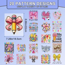 Rngmsi Dtf Transfers Ready to Press - 20 Pcs Teacher Iron on Patches for T-Shirts, Bow Pencil Iron on Stickers, Last Day Back to School Heat Transfer Vinyl Decals for Clothes Bag DIY Fabric Décor