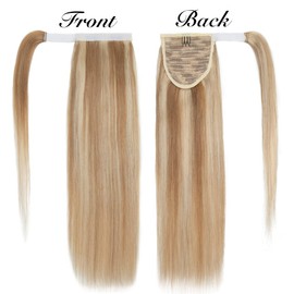 MY-LADY Ponytail Extension Human Hair 20 Inch Golden Brown & Bleach Blonde Wrap Around Drawstring Real Remy Hair Ponytail Long Straight Pony Tail for Women Kids Clip in Hairpiece 95g