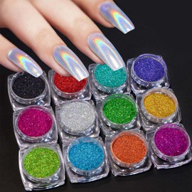 12 Colors Glitter Nail Powder Holographic Chrome Nail Powder Laser Effect Chrome Pigment Glitter Colorful Nail Art Glitter for Women Manicure Accessories Supplies