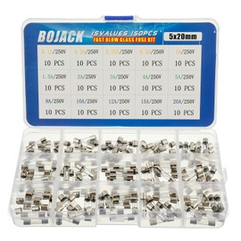 BOJACK 15 Values 150 pcs Fast Blow Glass Fuses Assortment Kit 5x20 mm 250 V 0.1 0.2 0.25 0.5 1 1.5 2 3 4 5 8 10 12 15 20 A packag in a Clear Plastic Box