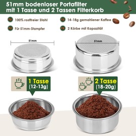 Bottomless Portafilter 51 mm 3 Ears – Compatible DeLonghi Dedica EC680/EC685/EC885, Portafilter 51 mm with Walnut Wooden Handle, Includes 2 Stainless Steel Filter Baskets