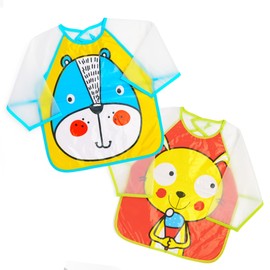 Ti TIN Waterproof Bibs with Sleeves and Ties for Babies and Toddlers from 1 Year Old, 100% Polyurethane, Colours: Red, Green, Pack of 2, multi-coloured