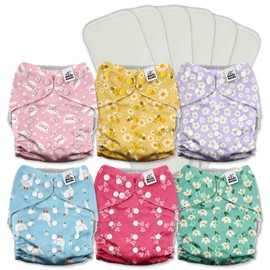 Mama Koala 3.0 Cloth Diapers for Babies with AWJ Lining, 6 Pack with 6 5-Layer Natural Cloth Diaper Inserts - Reusable and Washable Pocket Diapers(A-Flower Romance)