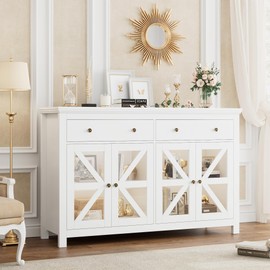 FOTOSOK Sideboard Buffet Cabinet with Storage, 55.1" Large Sideboard Cabinet Kitchen Cabinet with 2 Drawers and 4 Glass Doors, White Coffer Bar Cabinet Buffet Table for Dining Living Room