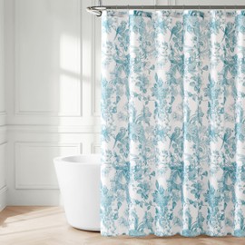 Lush Decor Bird and Hydrangea Toile Shower Curtain Single 72" W x 72" L Teal - Floral Shower Curtains - Blue Bath Curtain - Vintage Cottage Decor