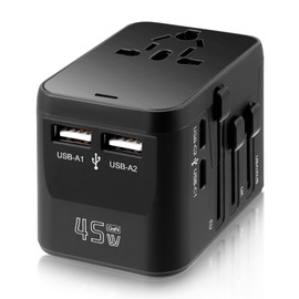 Travel Adapter Worldwide, 45 W Universal Travel Plug Adapter with 2 USB A and 2 USB C, Worldwide Charger with PD Fast Charge, Travel Essentials Adapter for Europe, USA, Japan, Korea, Thailand